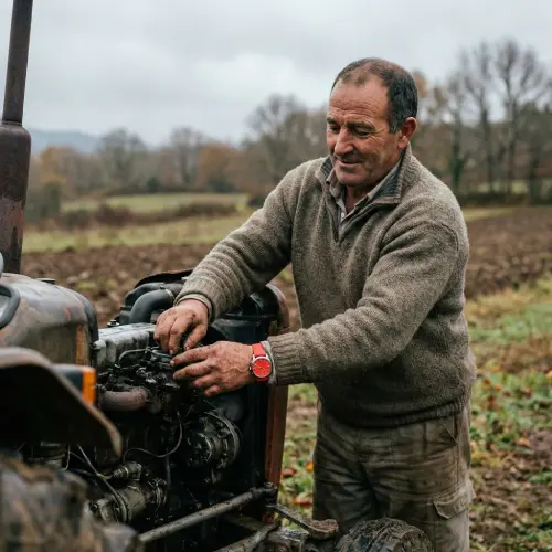 Primer plano de un agricultor que está cambiando una pieza de su tractor en medio del campo.